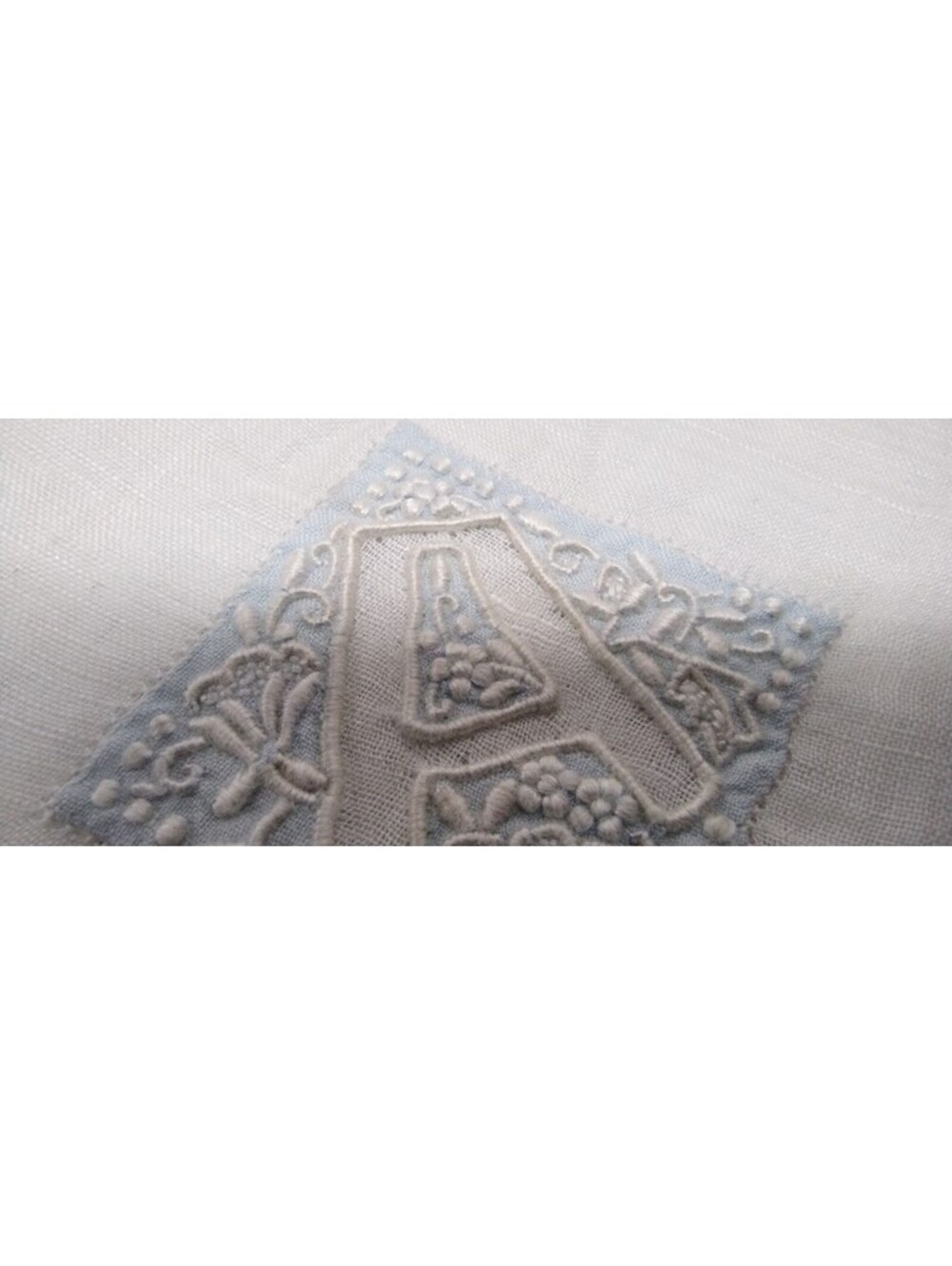Antique Fine Thin Linen Hankie LETTER A baby blue HAND STITCHED REMARKABLE WORK